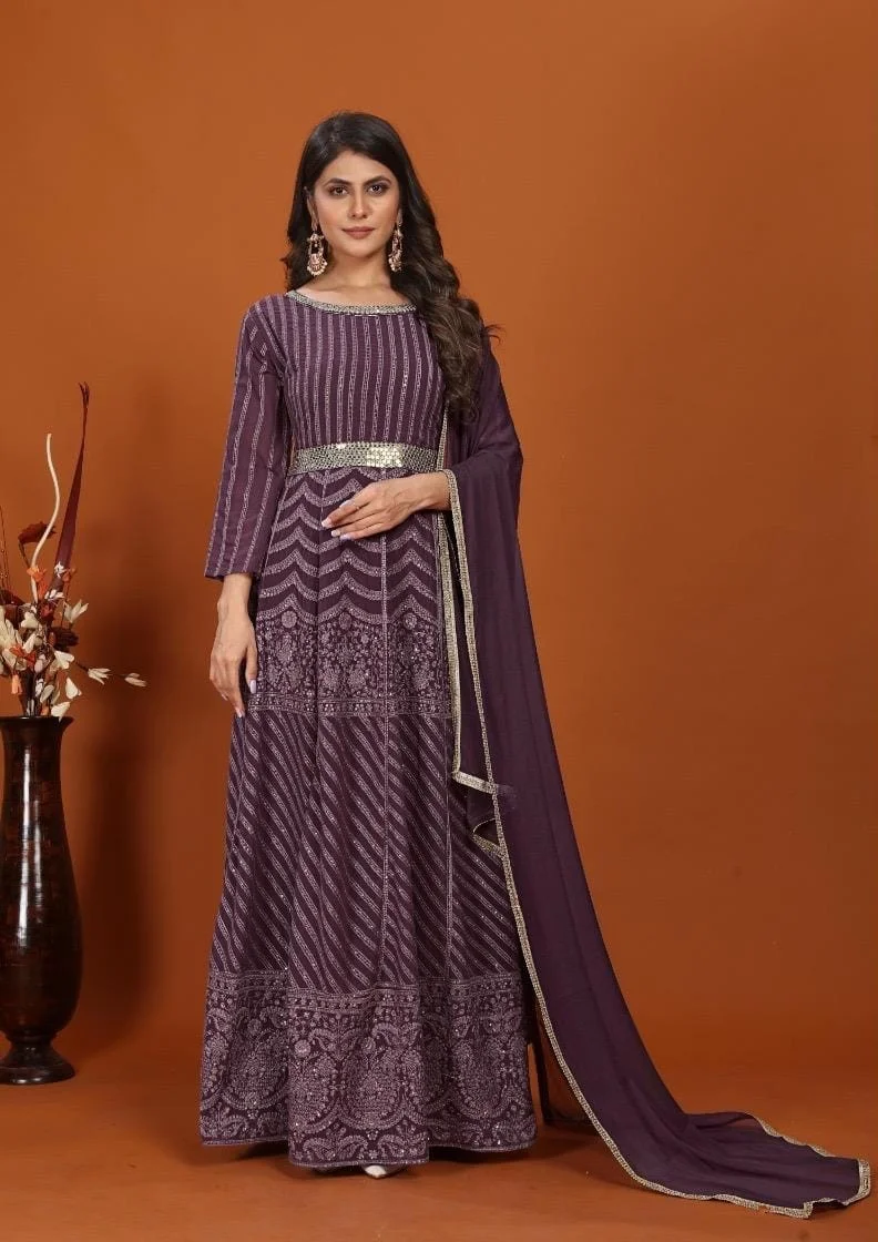 Dark Purple Designer Anarkali Dress with Dupatta